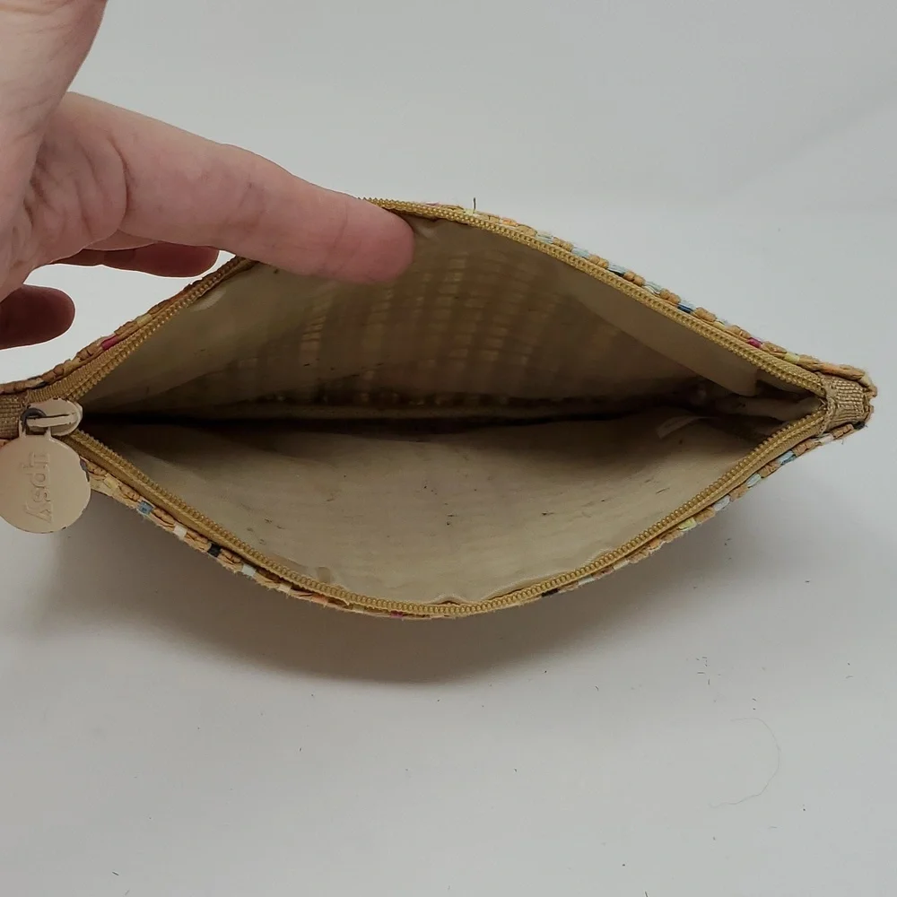 Ipsy Makeup Bag Tan Woven Rattan Like Bright Ribbons Throughout